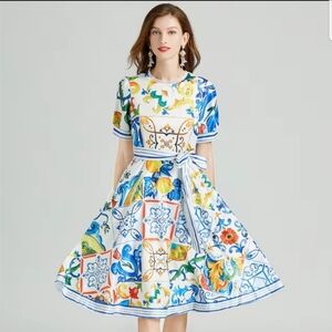 YS Blue, Yellow, White Tile Print Short Sleeve Dress